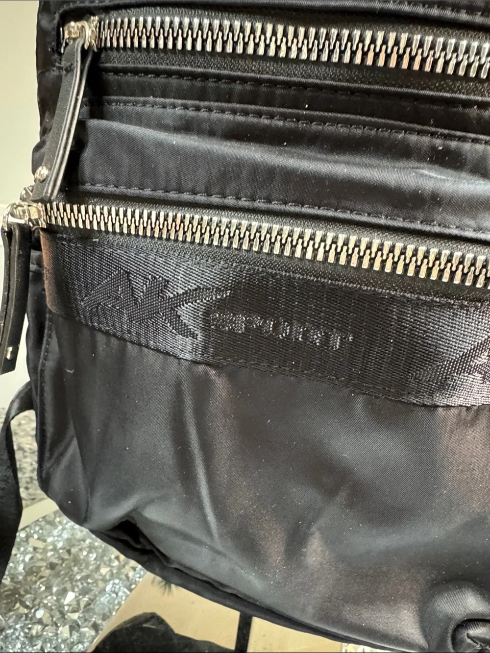 Anne Klein Black Nylon Medium Backpack with Silver Zippers NWT